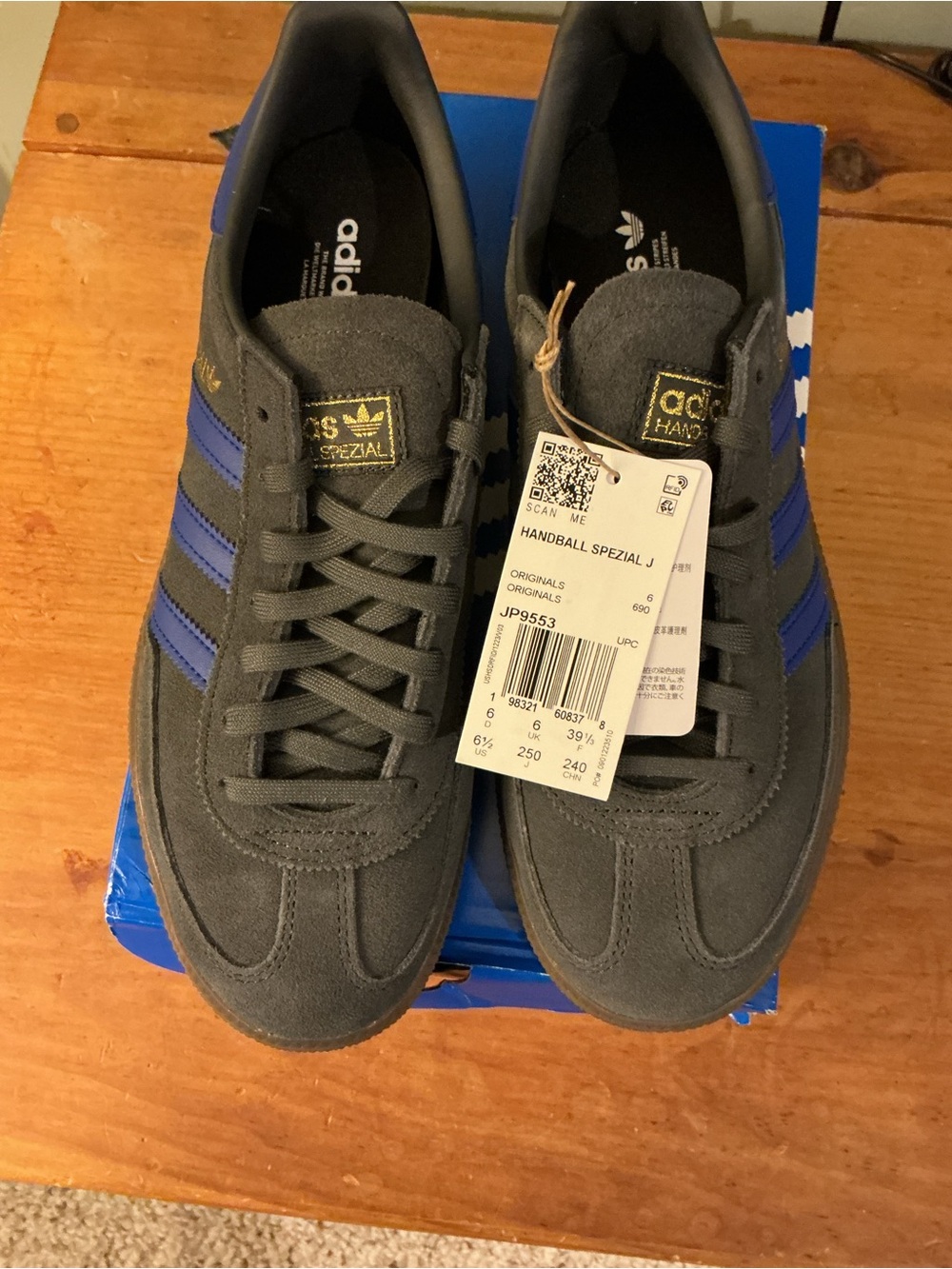 adidas Handball Spezial Grey with Blue Stripes JP9553 youth 6.5 women’s 7.5